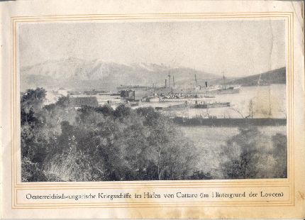 Osztrák-magyar hadihajók Cattaro kikötőjében, háttérben a Lovcsen