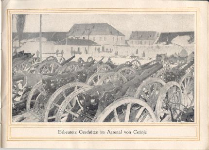 Zsákmányolt montenegrói (leginkább francia gyártmányú) lövegek a cetinjei arzenálban